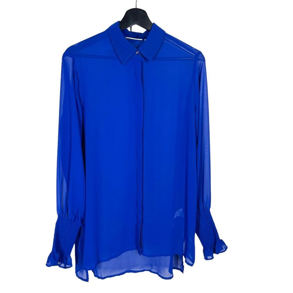 Susan Graver Blue Sheer Long Sleeve Button Up Top 6